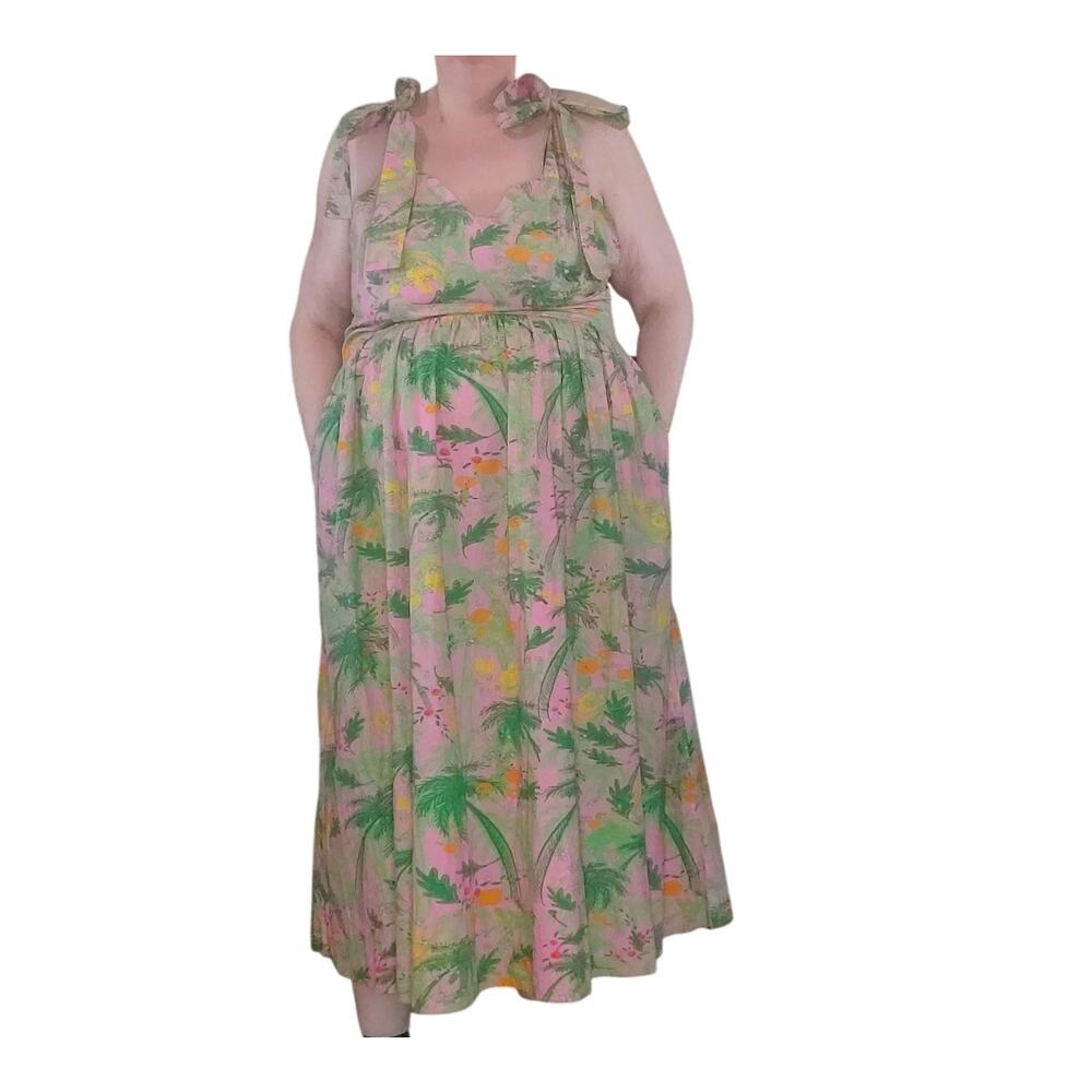 The Tiny Tassel Charleston XL Tropical Tie Strap Midi Dress Pocket Cotton Resort